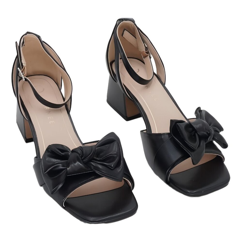 Journee Collection Black Bow Block Heel Sandals